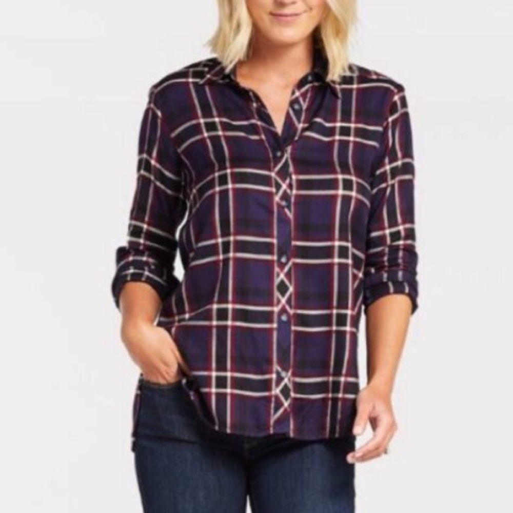 MICHAEL STARS Evereve Passport Plaid Flannel Button Down Shirt Large Blue Red
